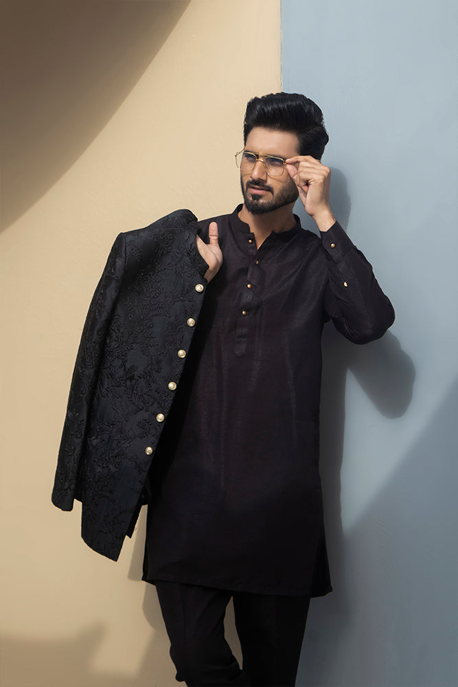 MC 170 Pakistani Mens Balck Prince Suits - Mashal Couture