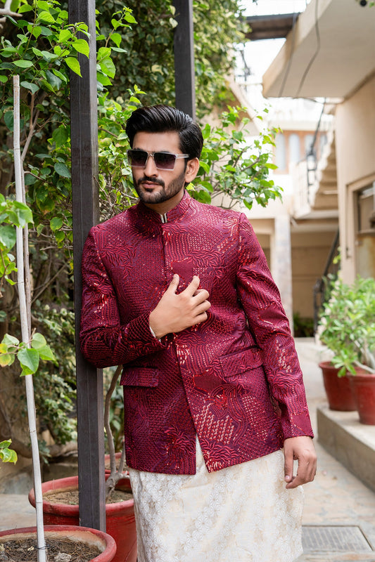 MC 163 Pakistani Maroon Seqance Prince Coat - Mashal Couture
