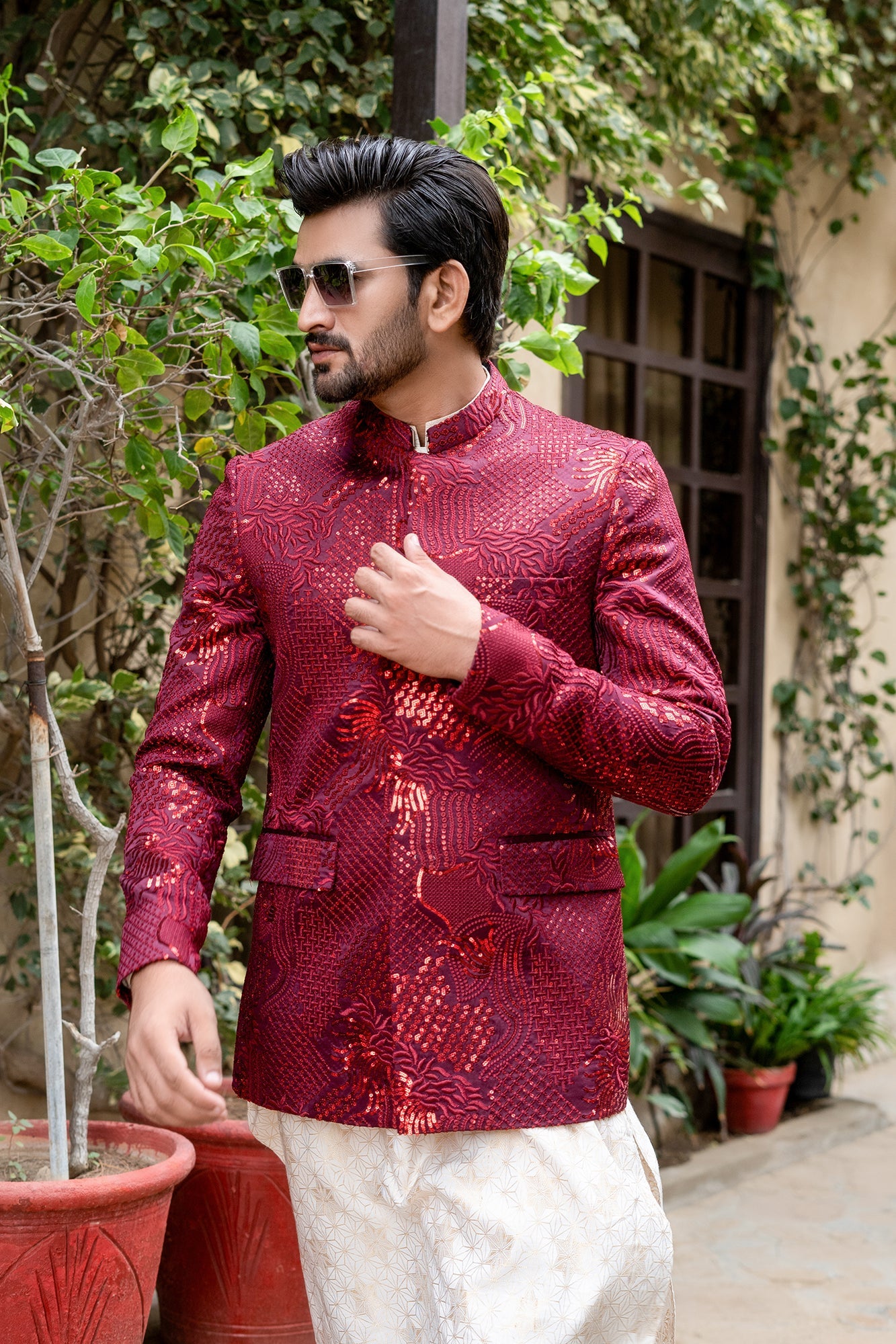 MC 163 Pakistani Maroon Seqance Prince Coat - Mashal Couture