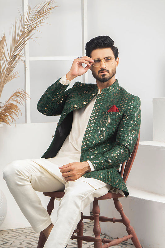 MC 167 Green Sequance Prince Coat Men - Mashal Couture