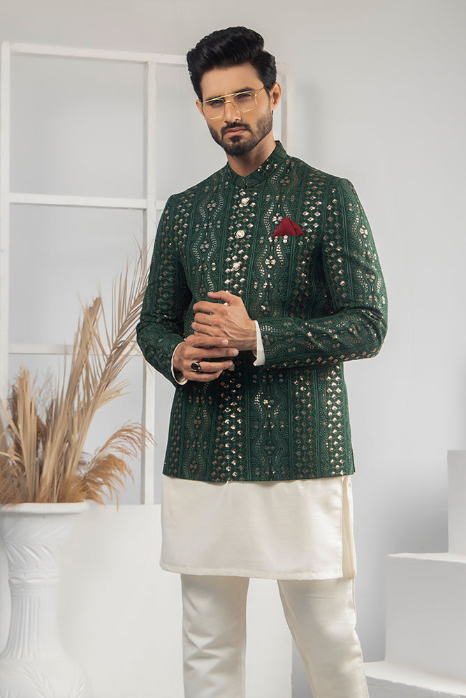 MC 167 Green Sequance Prince Coat Men - Mashal Couture