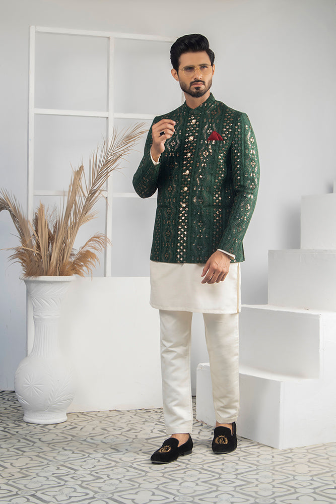 MC 167 Green Sequance Prince Coat Men - Mashal Couture