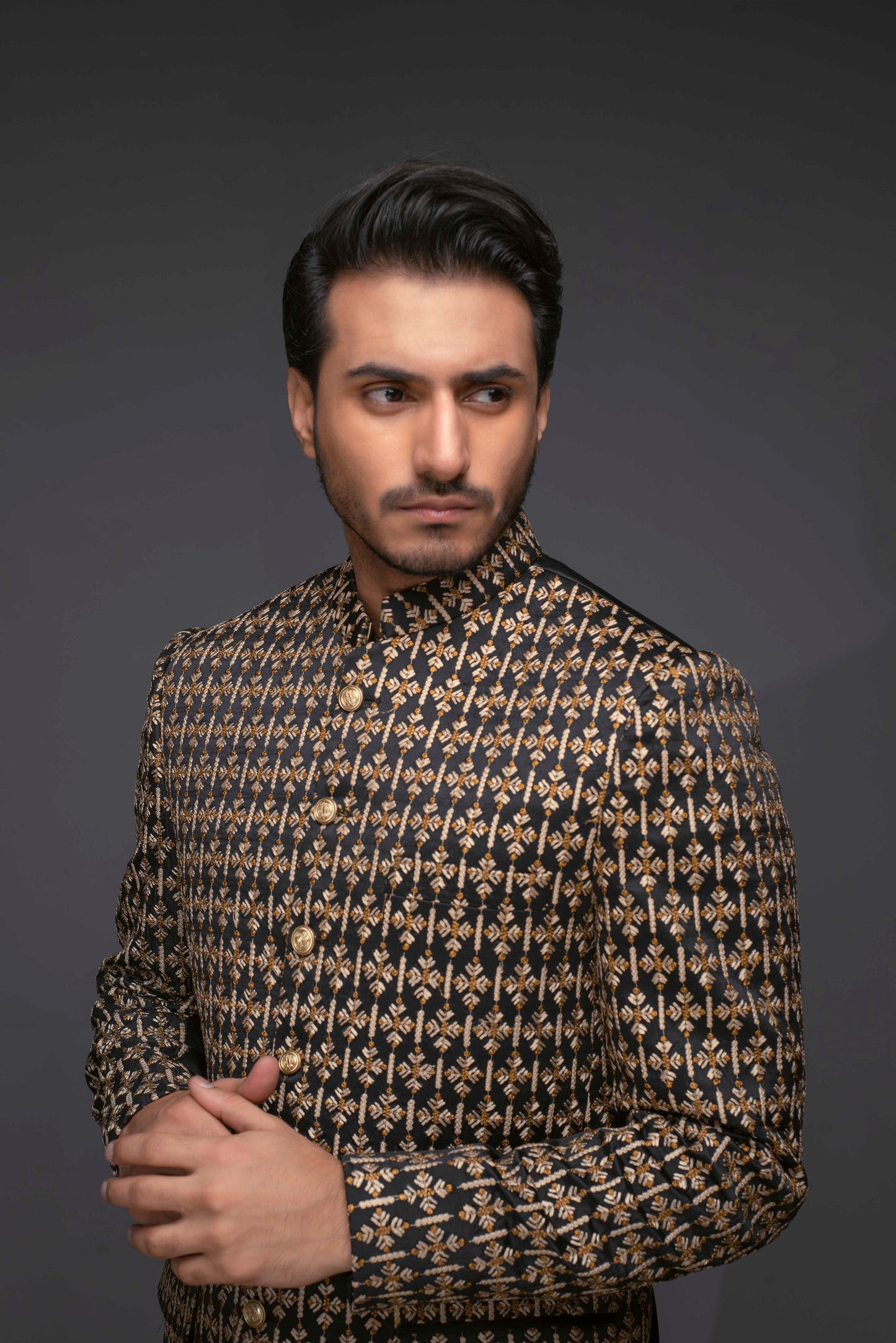 MC 162 Pakistani Prince Suit Black - Mashal Couture