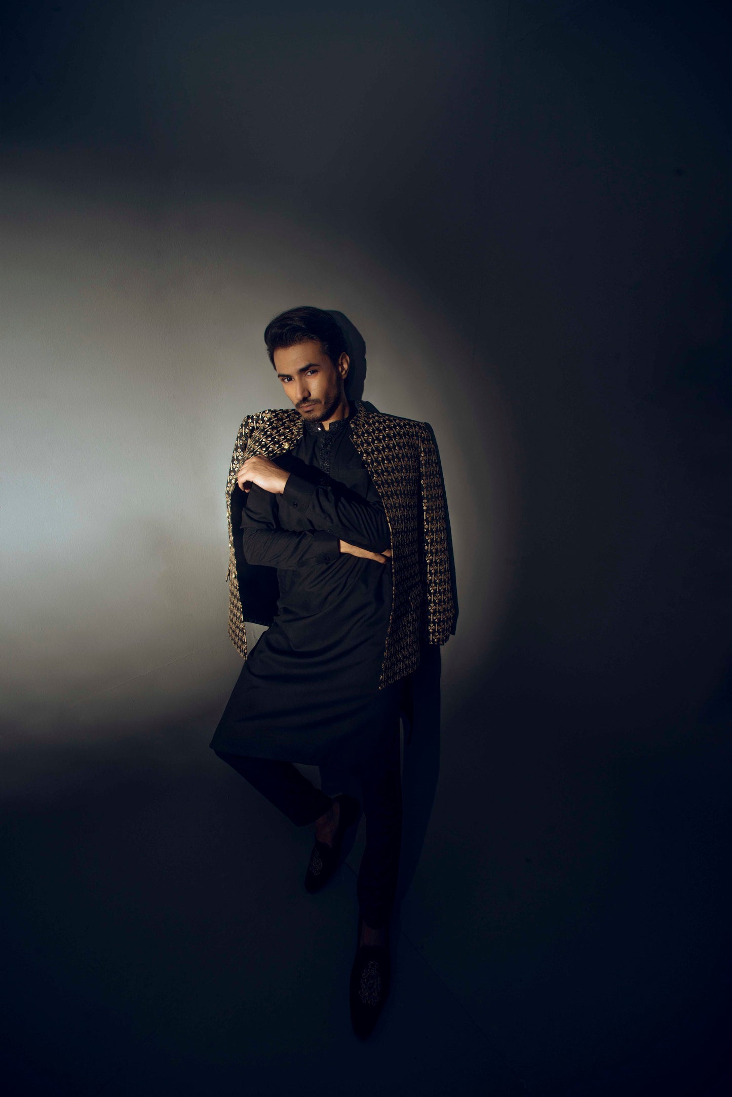 MC 162 Pakistani Prince Suit Black - Mashal Couture