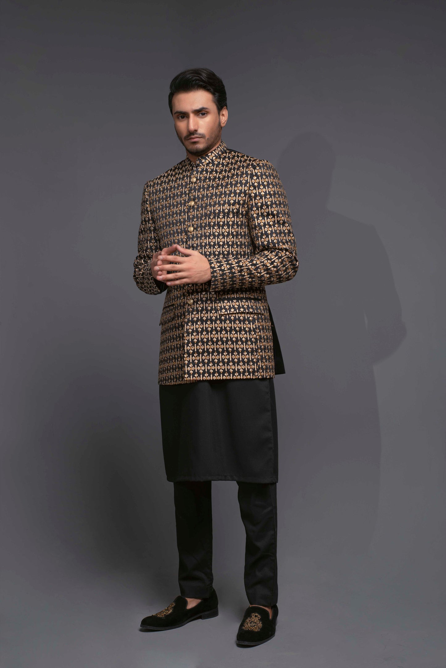 MC 162 Pakistani Prince Suit Black - Mashal Couture