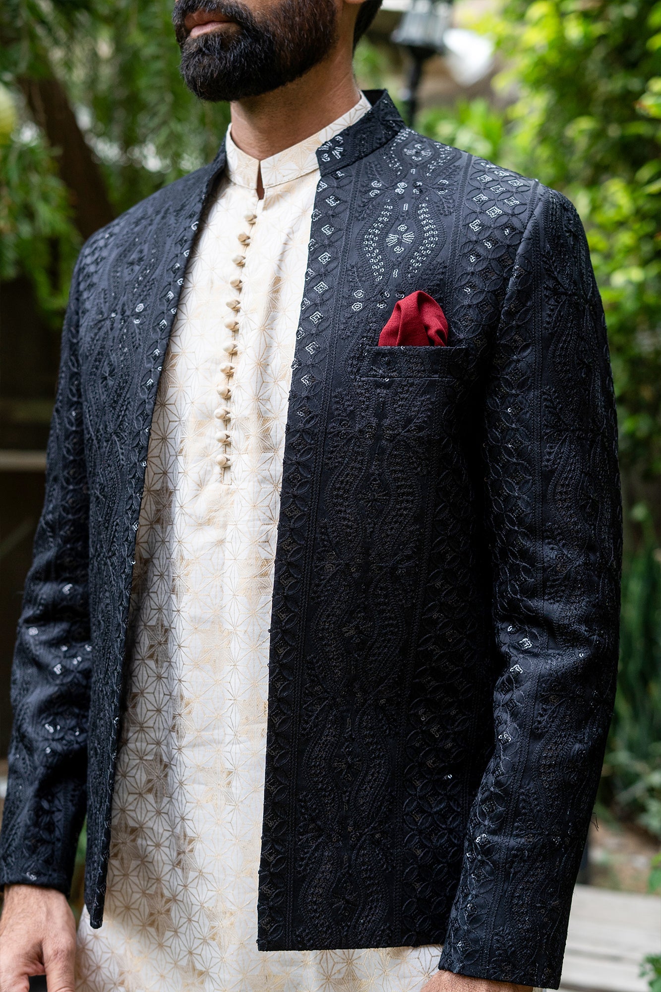 MC 186 Pakistani Black Prince Coat - Mashal Couture