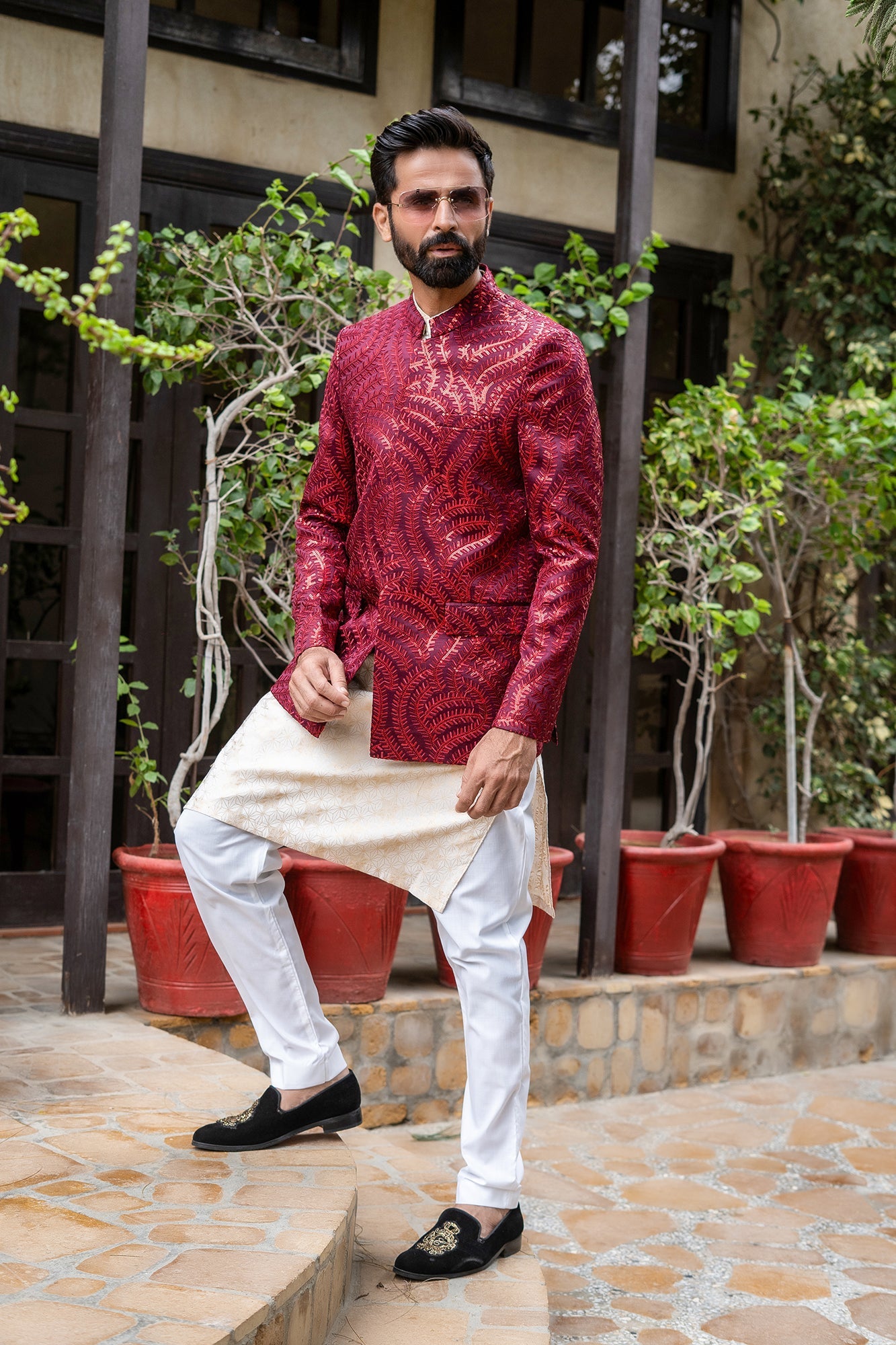 MC 185 Maroon Pakistani Prince Coat - Mashal Couture