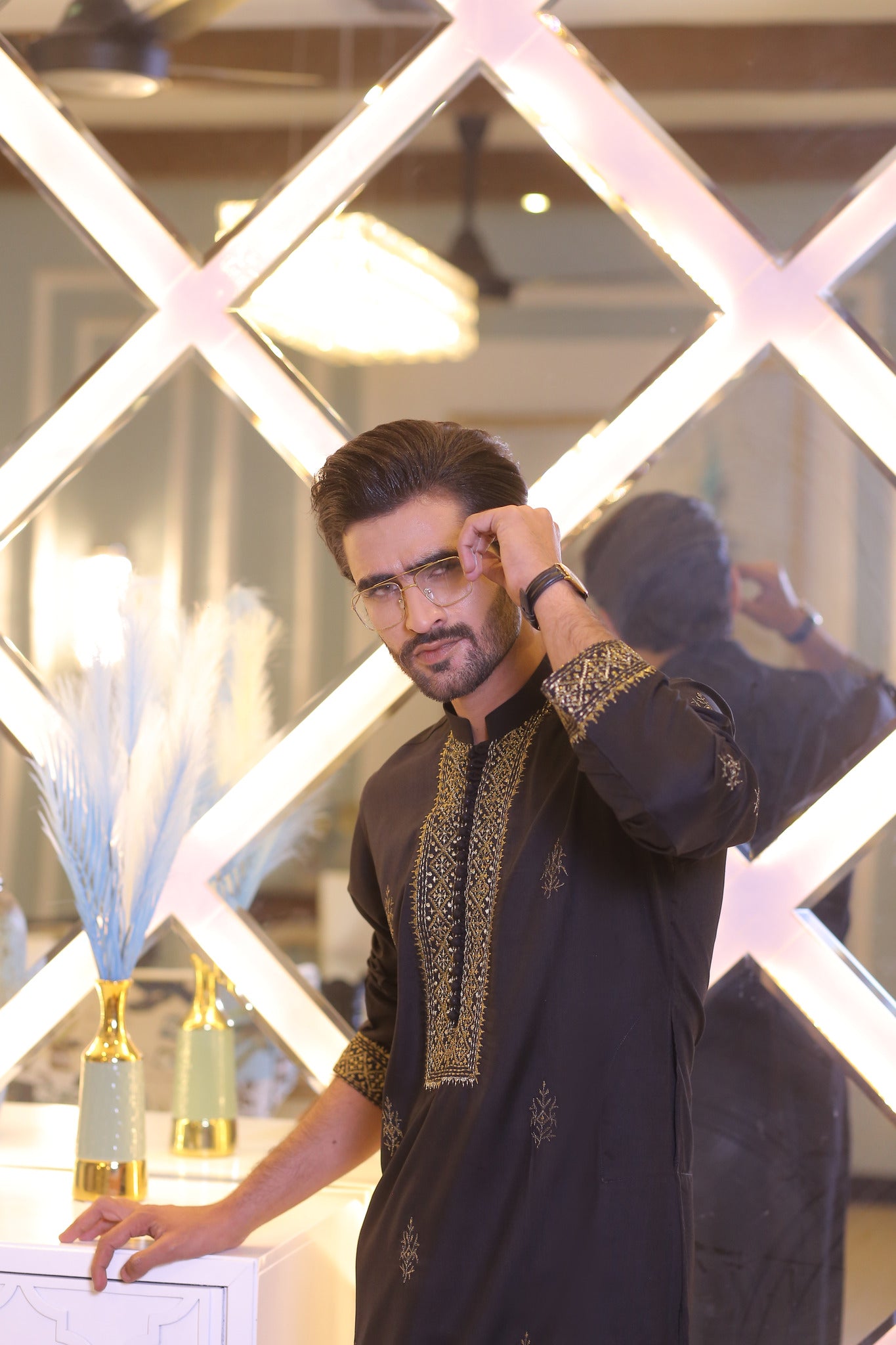 CK 21 Black Kurta Pajama Golden Embroidered For Men - Mashal Couture