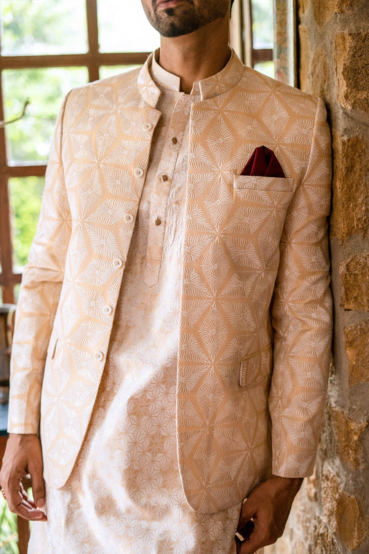 MC 148 Beige And White Prince Coat Weddding - Mashal Couture