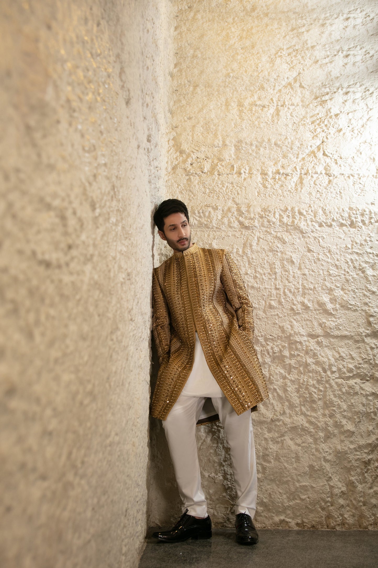 MC 550 Golden Hand Work Wedding Sherwani - Mashal Couture