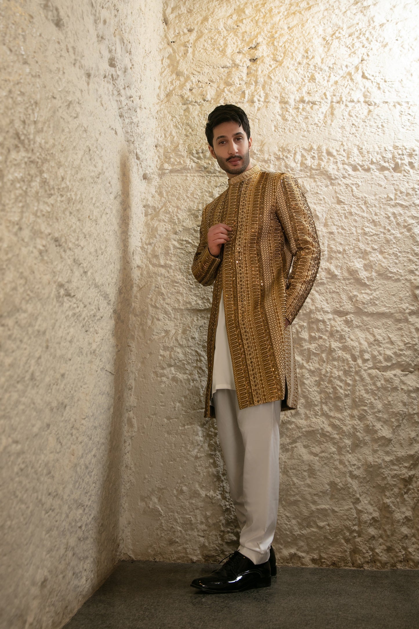 MC 550 Golden Hand Work Wedding Sherwani - Mashal Couture