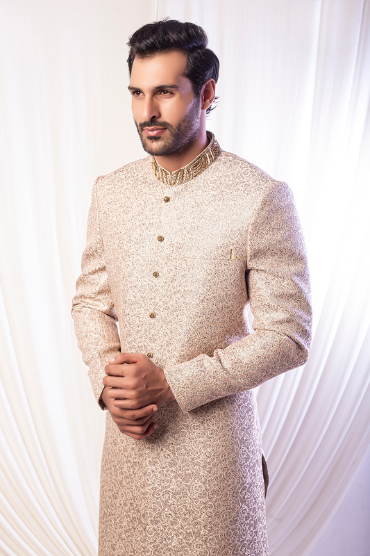 MC 607 Beige Sherwani For Groom - Mashal Couture