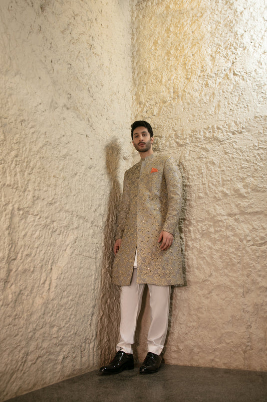 MC 551 Grey Men's Wedding Sherwani For Bride - Mashal Couture
