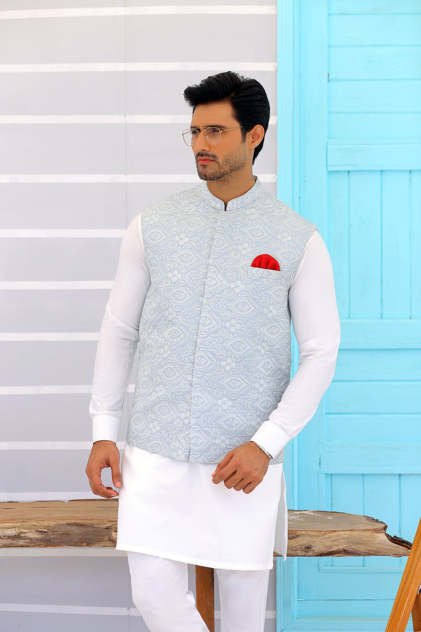 waist coat with Sky Blue shalwar kameez