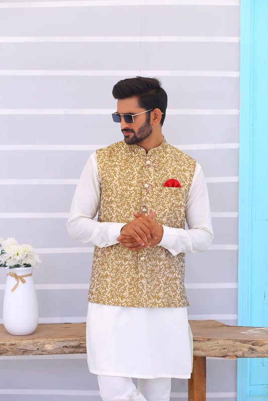 Golden Embroidered Waistcoat - Mashal Couture