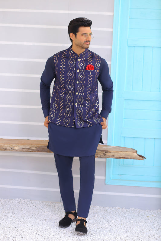 Navy Blue Waistcoat For Men - Mashal Couture