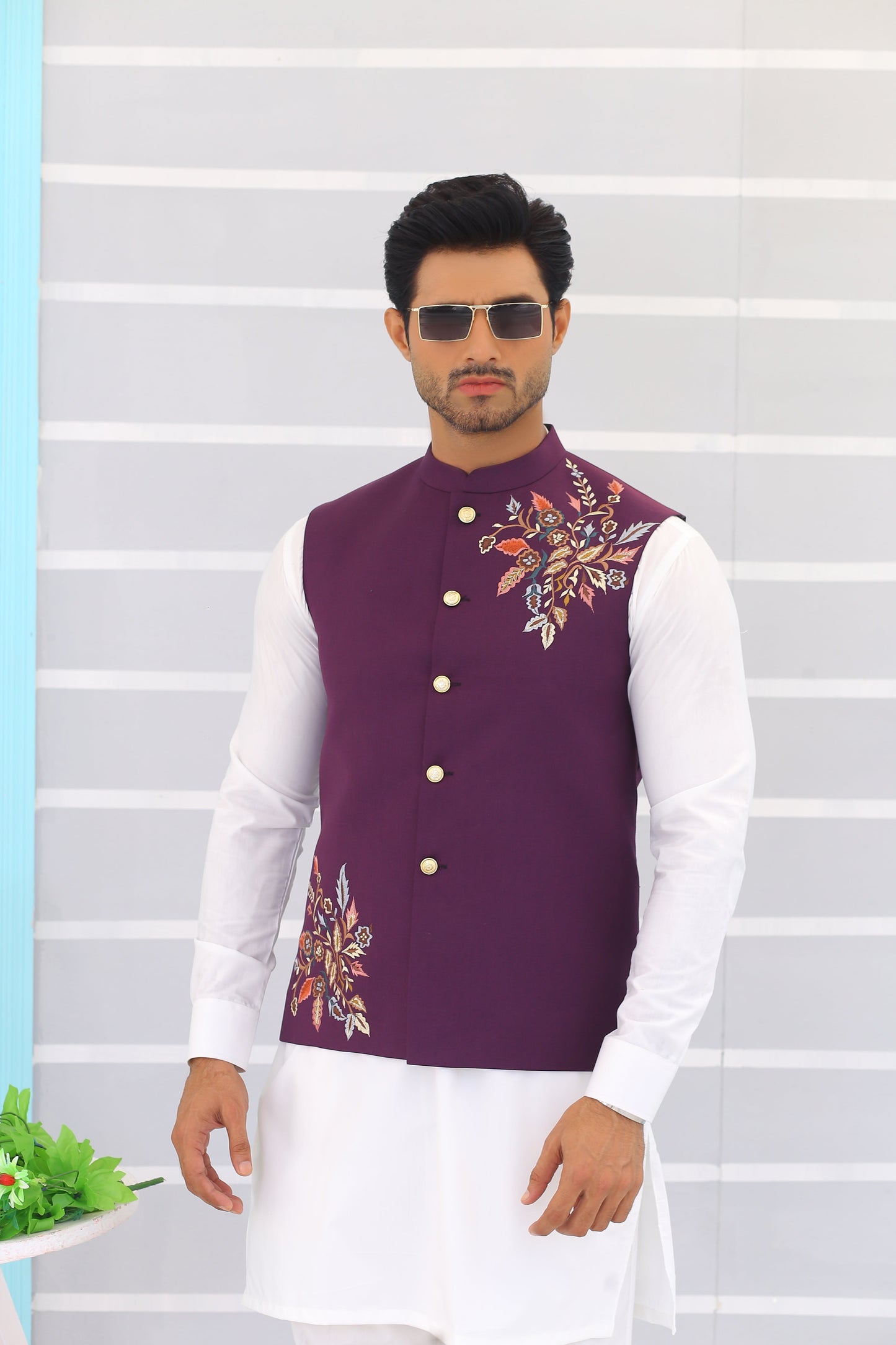 MC Lavender Embroidery Waistcoat - Mashal Couture