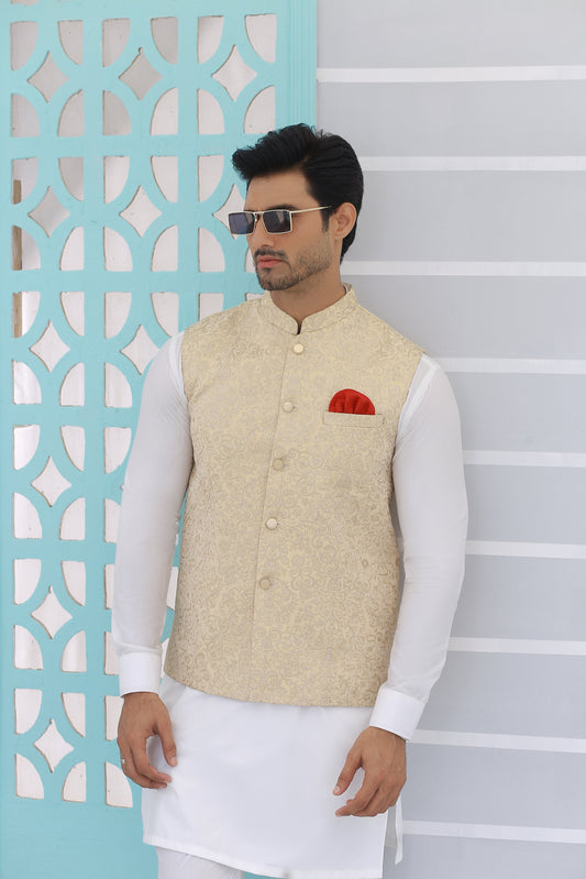 Beige Embroidered Waistcoat - Mashal Couture