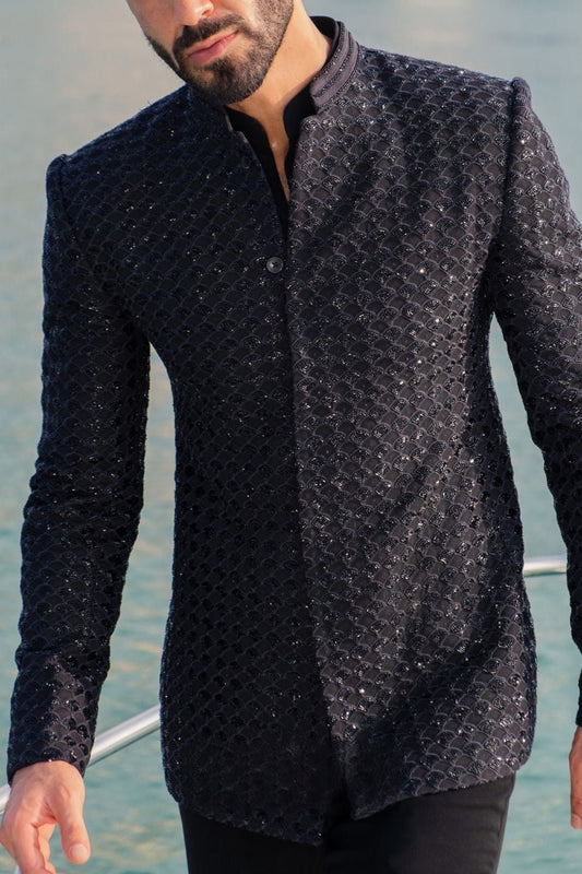 MC 113 Black Embroidery Prince Coat - Mashal Couture