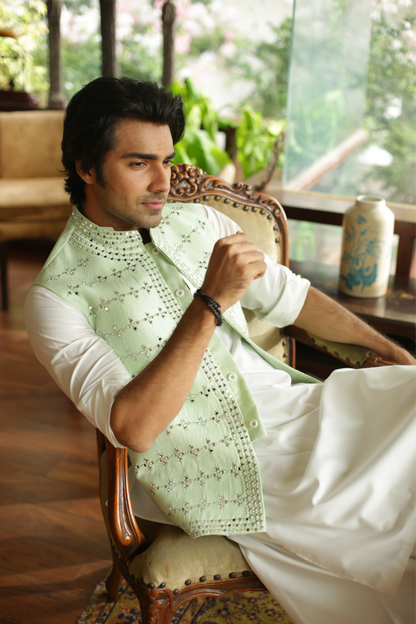 Mint Green Mirror Work Waistcoat