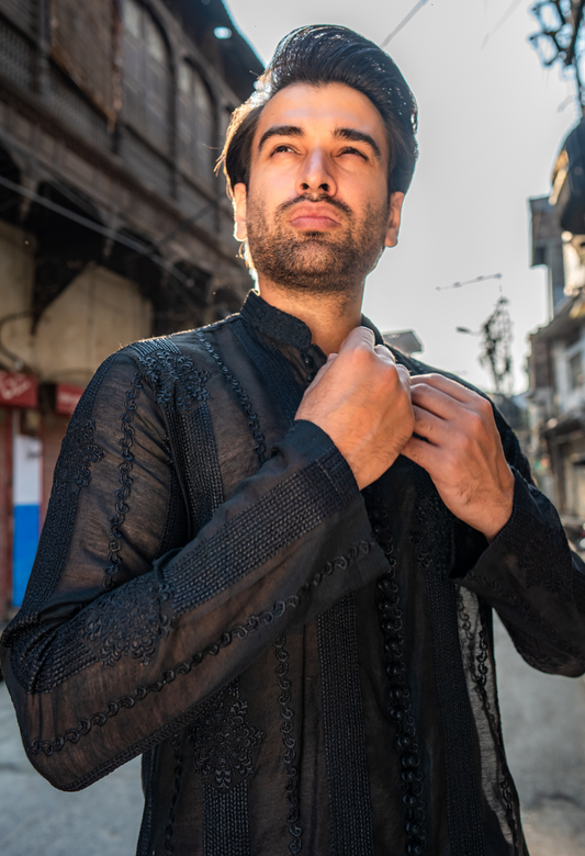 Black Chikan-kari Loop Button Sort Kurta Pajama