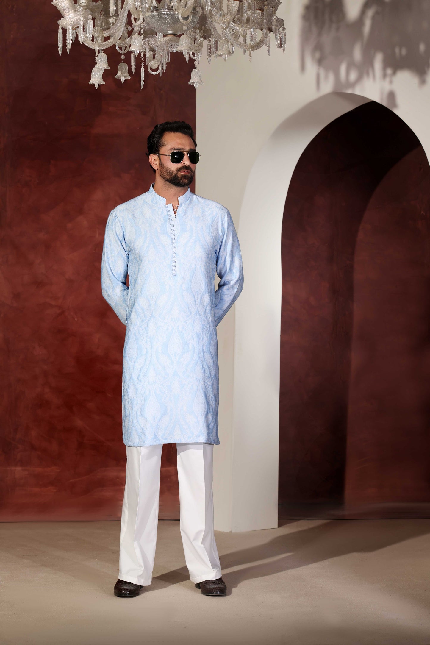 Sky Blue Desginer Kurta With Wide Leg Trouser