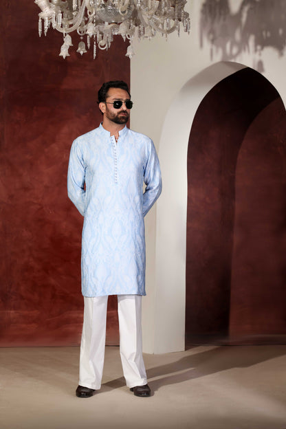 Sky Blue Desginer Kurta With Wide Leg Trouser