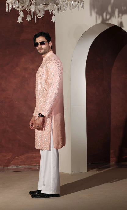 Peach Kurta With Wide Leg Trouser