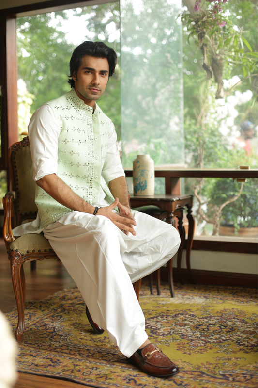 Mint Green Mirror Work Waistcoat