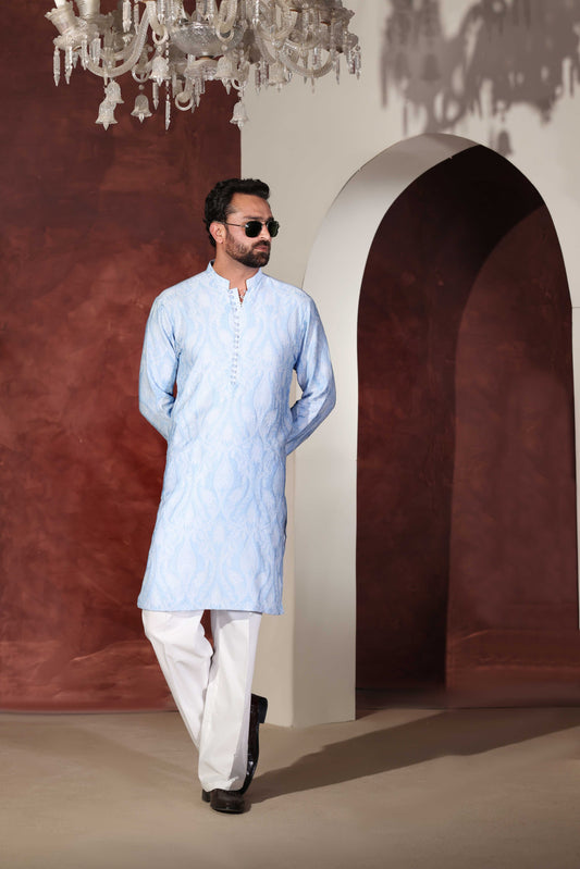 Sky Blue Desginer Kurta With Wide Leg Trouser