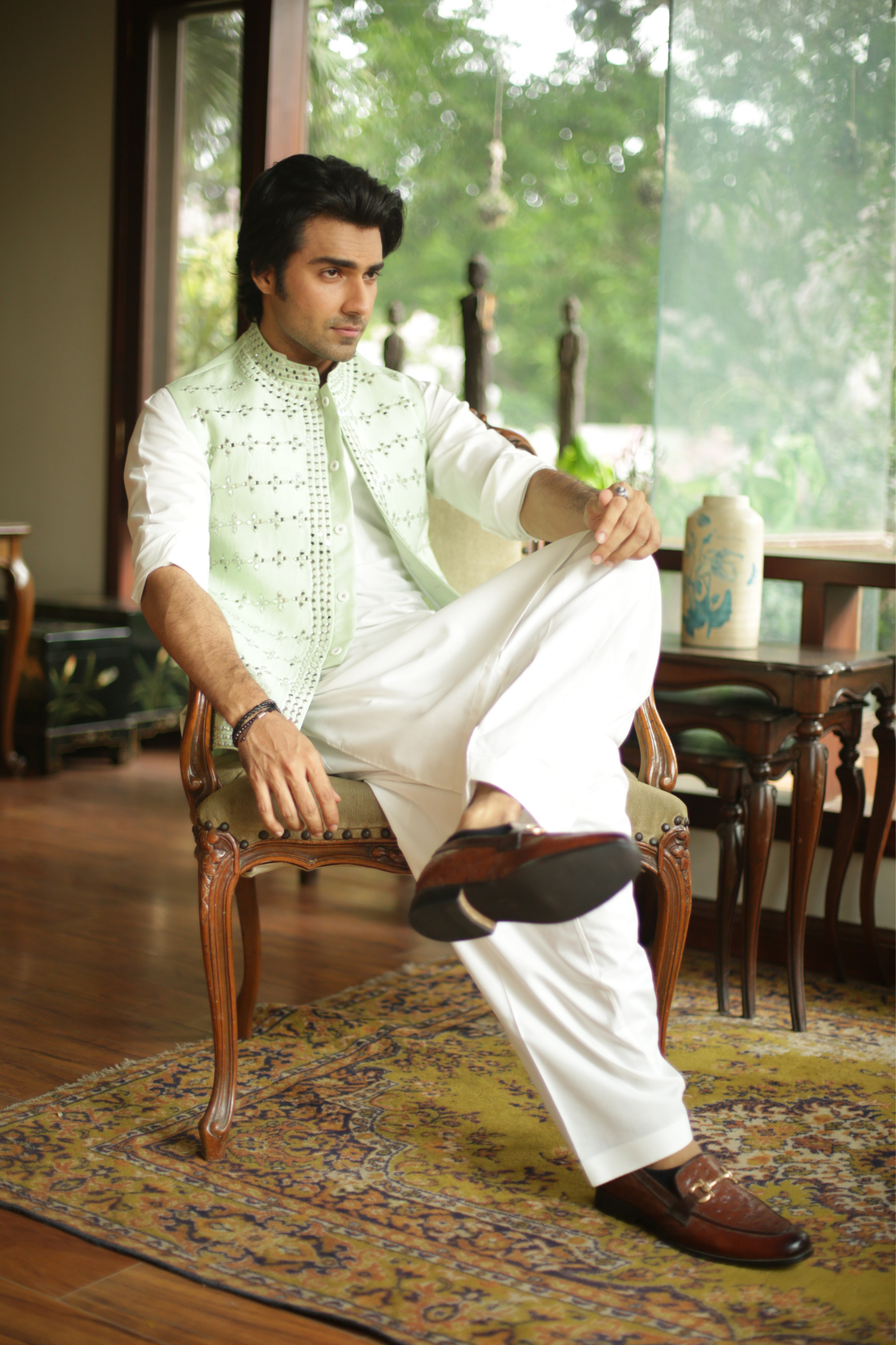 Mint Green Mirror Work Waistcoat
