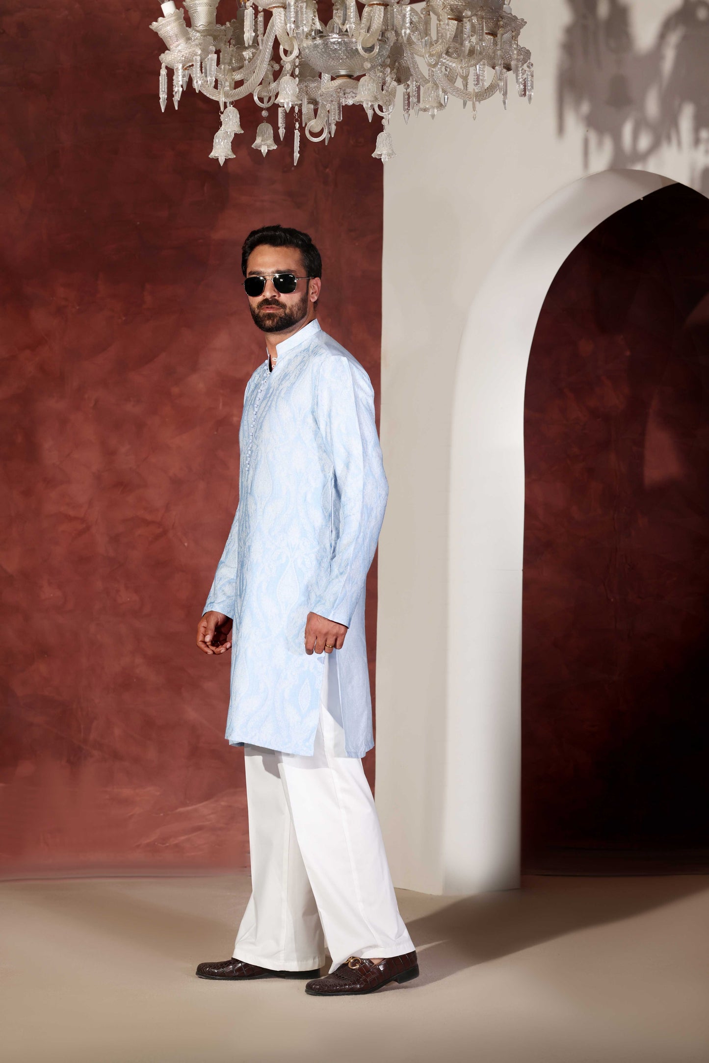 Sky Blue Desginer Kurta With Wide Leg Trouser