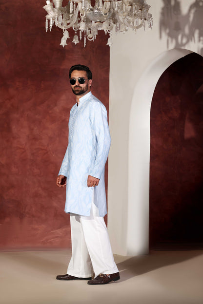 Sky Blue Desginer Kurta With Wide Leg Trouser