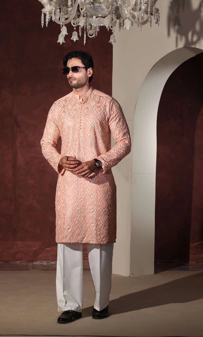 Peach Kurta With Wide Leg Trouser