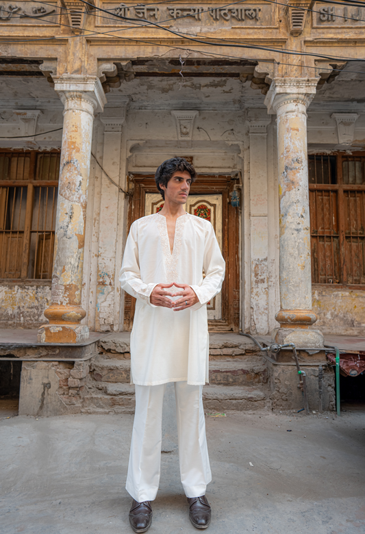 White Short Embroidered Kurta With Bell Bottom Trouser
