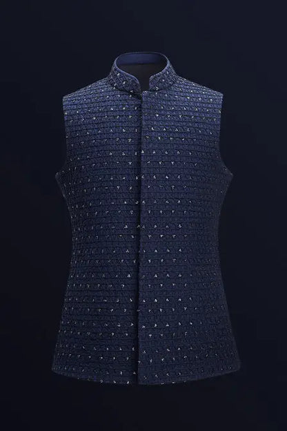 MC 92 Navy Blue Waist Coat For Men - Mashal Couture