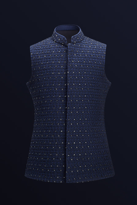 MC 92 Navy Blue Waist Coat For Men - Mashal Couture
