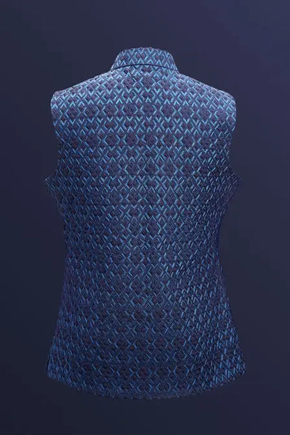 MC 96 Blue Satin Rhombus Sleeveless WaistCoat - Mashal Couture