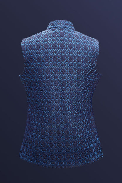 MC 96 Blue Satin Rhombus Sleeveless WaistCoat - Mashal Couture