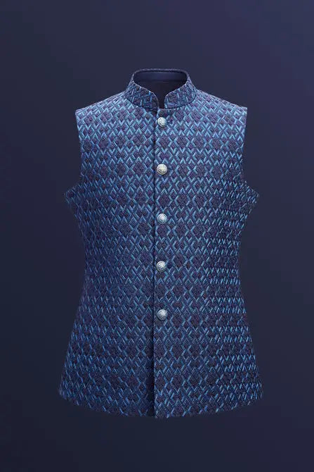 MC 96 Blue Satin Rhombus Sleeveless WaistCoat - Mashal Couture