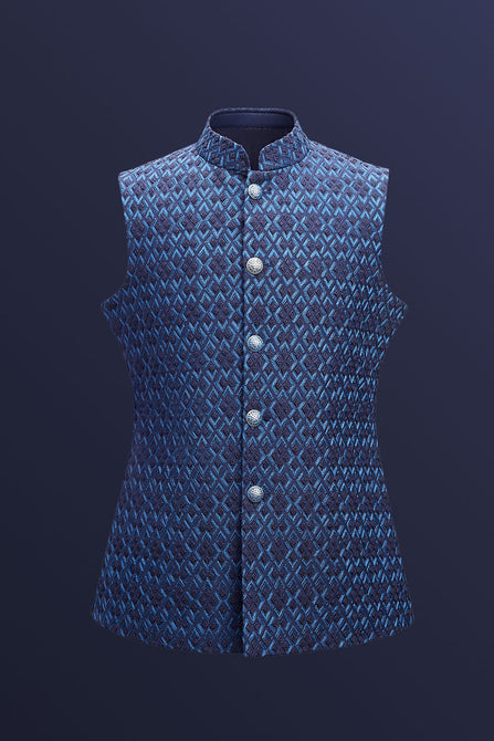 MC 96 Blue Satin Rhombus Sleeveless WaistCoat - Mashal Couture