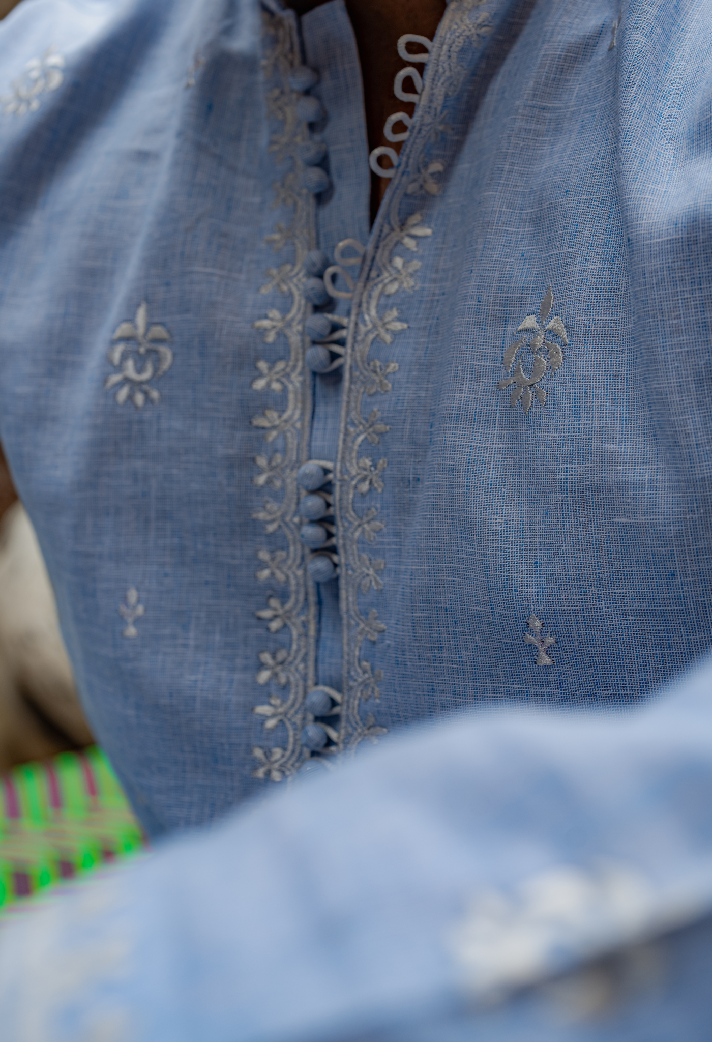 Sky Blue Short Embroidered Kurta With Farshi Shalwar