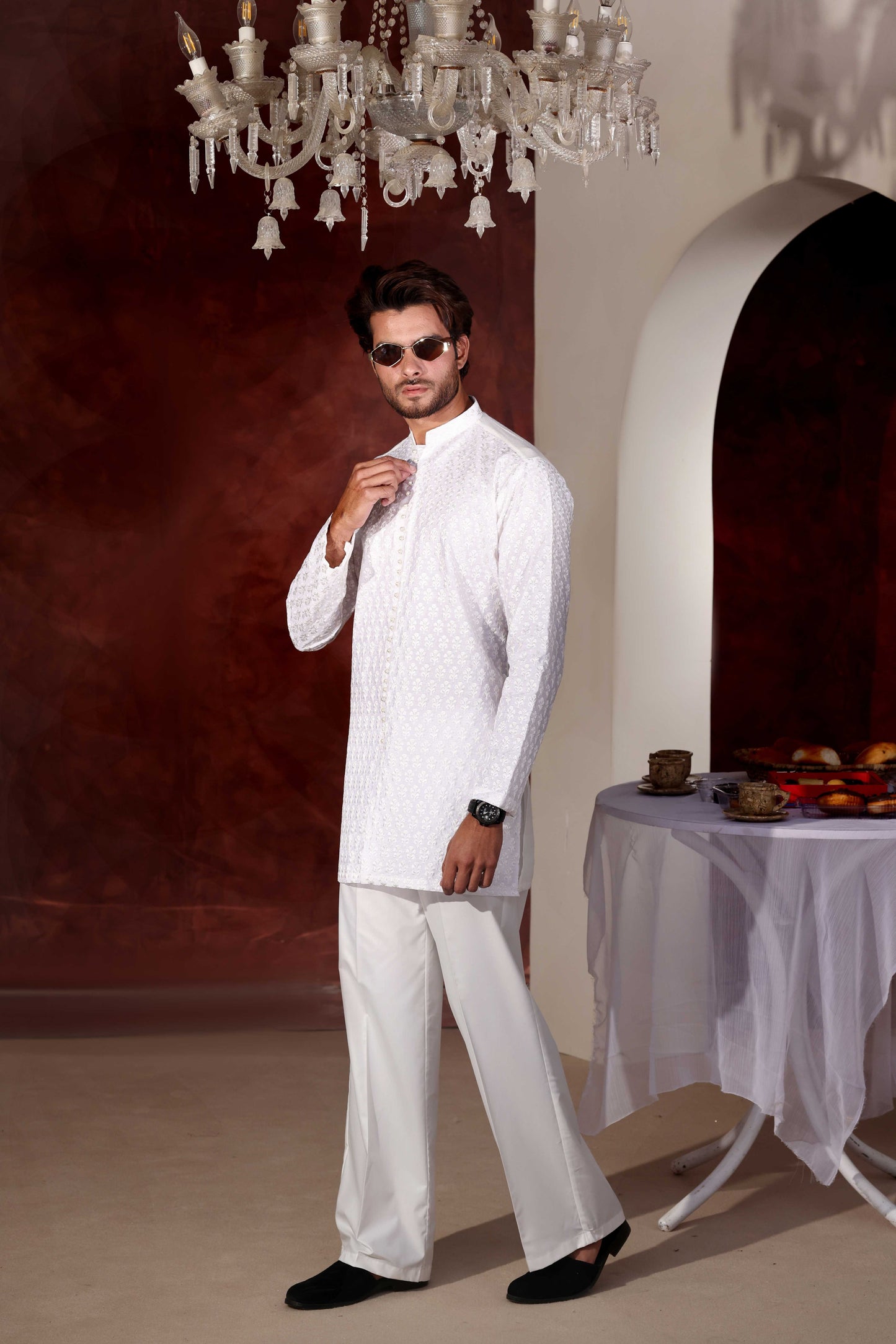 White Chikankari Kurta With Wide Leg Trouser