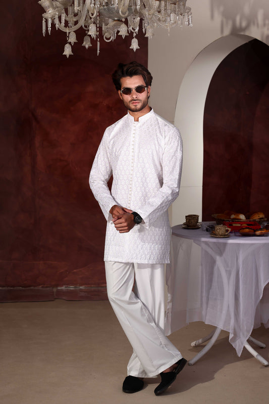 White Chikankari Kurta With Wide Leg Trouser
