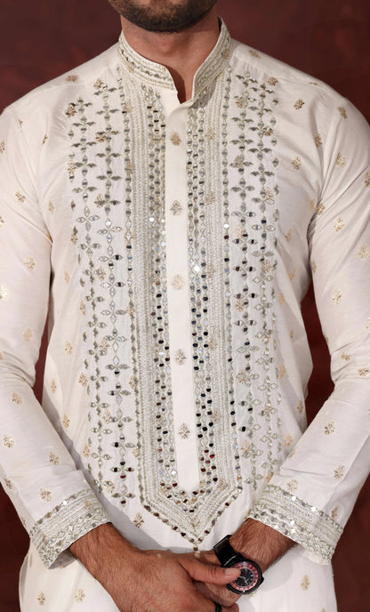 White Mirror Work Kurta Trouser