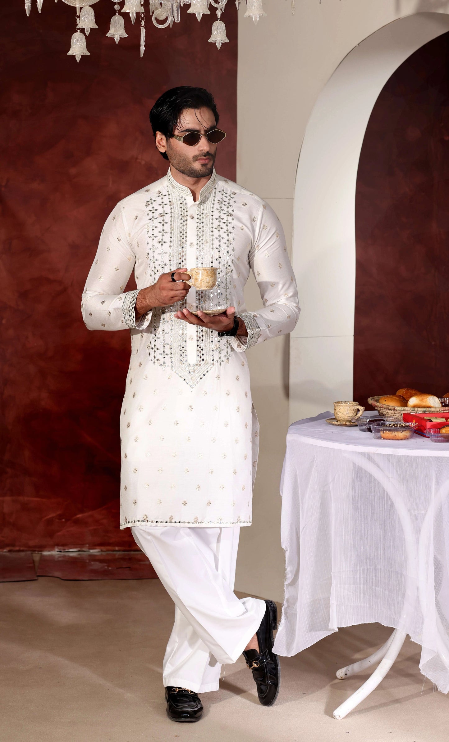 White Mirror Work Kurta Trouser