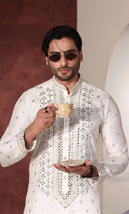 White Mirror Work Kurta Trouser