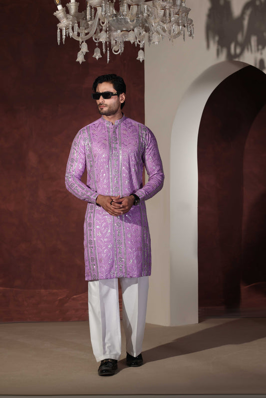 Purple Foil Work Kurta With Wide Leg Trouser