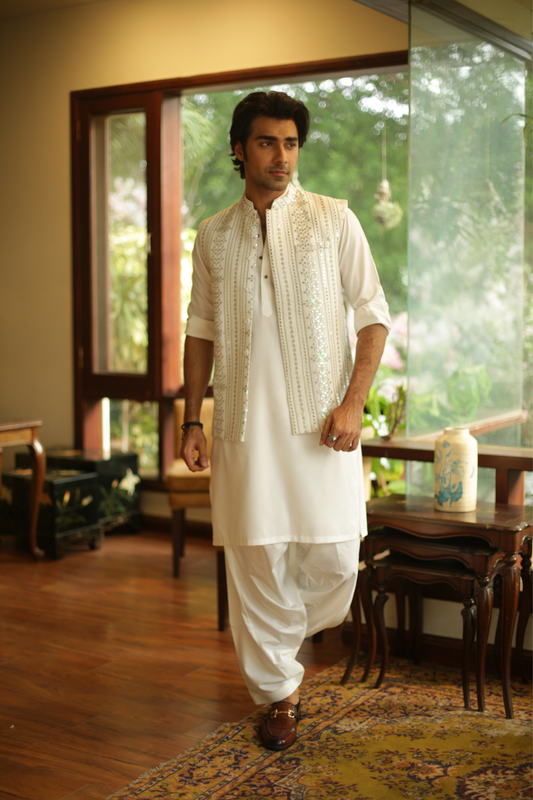 White Embroidered Foil Work Waistcoat