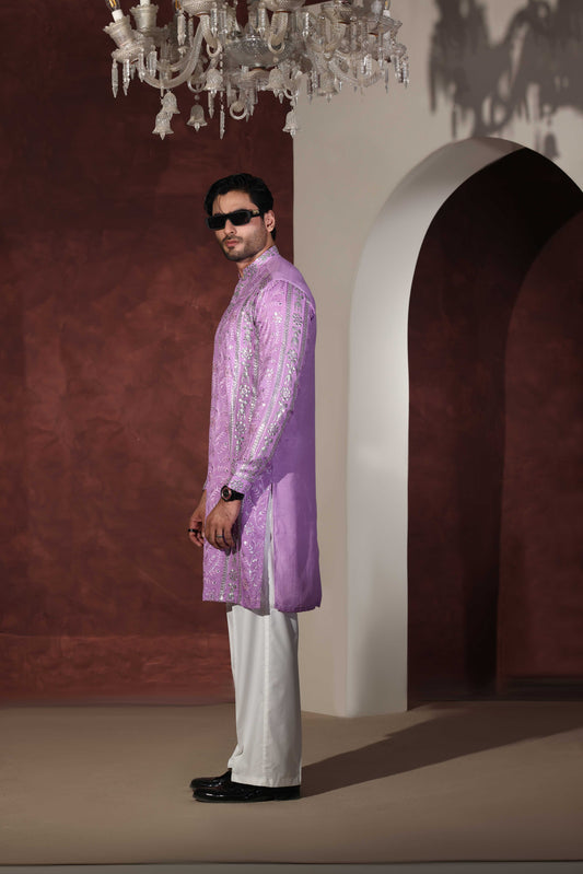 Purple Foil Work Kurta With Wide Leg Trouser